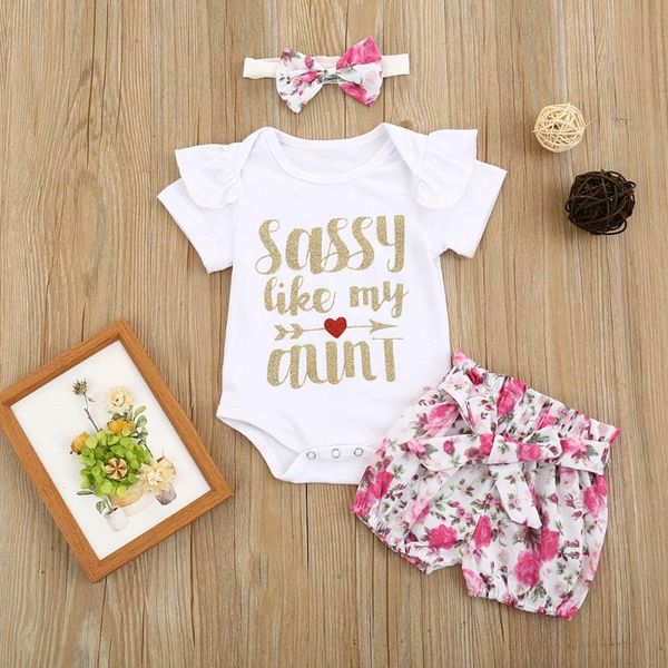 

newborn baby girls clothes summer little girl romper bodysuit +floral shorts +headband infant sets outfits 6 12 18 24 months, White