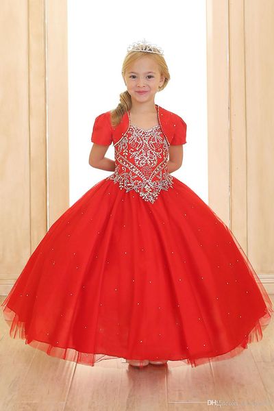

red princess ball gown little girls pageant dresses with short lovely bolero jacket beaded crystal floor length tulle kids puffy party dress, White;red