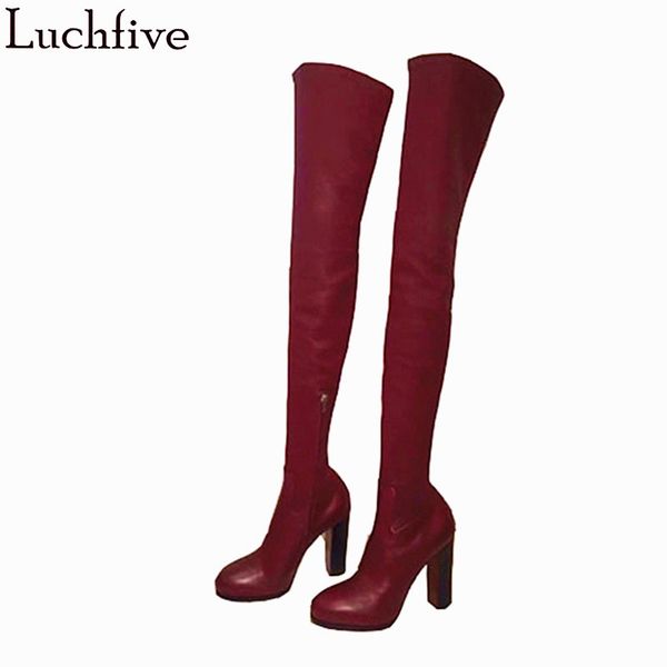 

luchfive 2019 new spring elastic over-knee thigh high boots for women cow leather round toe t-show long patchwork knight boots, Black