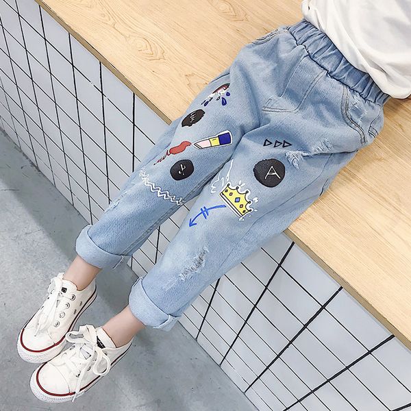 

children's jeans 2019 spring clothing new style korean-style middle and large men and women children graffiti cowboy trousers ch, Blue