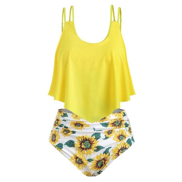 

sunflower print bikini 2019 push up women two pieces bathing suits ruffled with high waisted bottom bikini set swimwear
