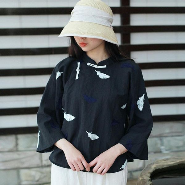 

fairynatural autumn summer vintage ladies embroidery stand collar plate shirts 2020 loose casual women buckle cotton linen, White