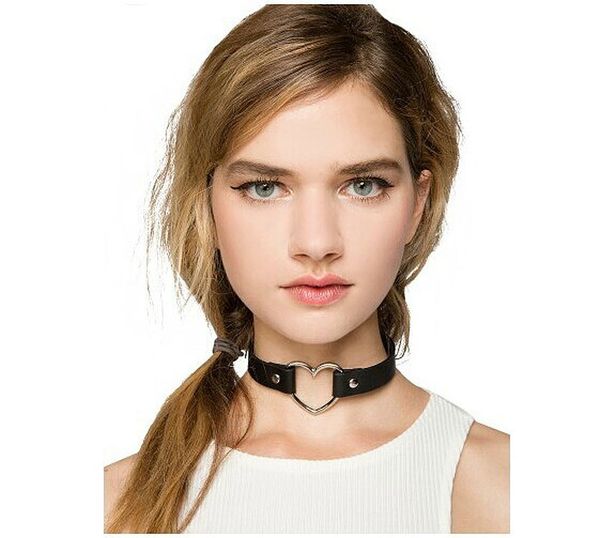 

trendy punk gothic leather heart studded choker necklace vintage charm round collar necklaces women jewelry gift, Silver