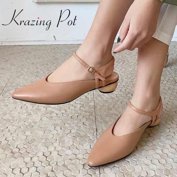 

krazing pot new genuine leather pointed toe med round heel slingback solid simple buckle strap breathable summer sandals l44, Black