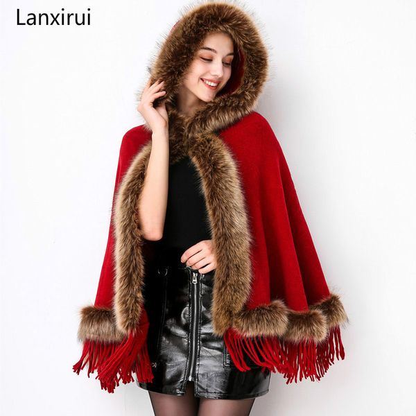 

women autumn winter knit cashmere poncho hooded good faux fur cape cloak tassels shawl pashmina coat wraps retail, Black