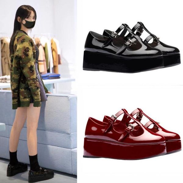 

bonjean fashion mary jane shoes vintage wine red patent leather t-strap woman shoes buckle strap flat platform casual shoe, Black