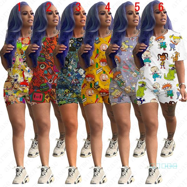 

women designer tracksuit summer shorts outfits cartoon print t-shirt + shorts pants 2pcs set plus size sport suit home pajamas d5703, White