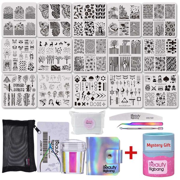 

beautybigbnag 23pcs set 6cm nail stamping plates manicure overprint design template nail art tools stamper with mystery gift