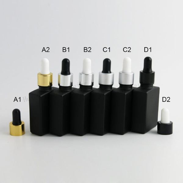 

200 x 30ml empty frost black square flat glass bottles with aluminum dropper 1oz glass dropper container for essential oil use