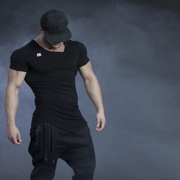 

sports t-shirt men's elastic breathable quick-drying short-sleeved running fitness training clothes solid color bottoming shirt, Black;blue