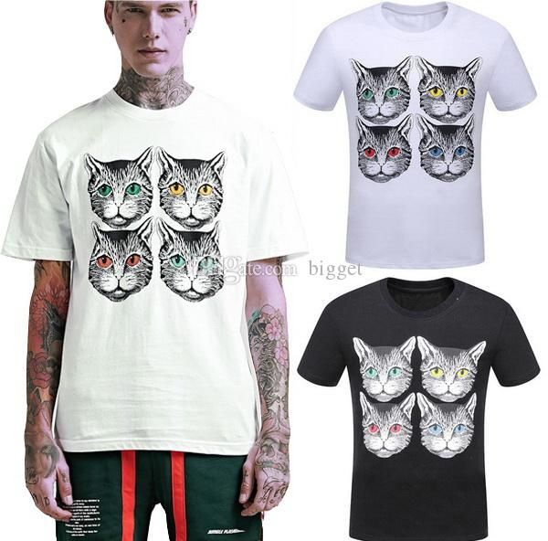 

print 4 cats t-shirt men 2018 new fashion short sleeves crew collar 100% cotton tee, White;black