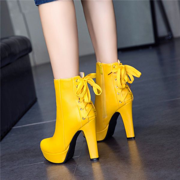 

ymechic 2018 autumn yellow ultra high heels platform fashion boots female cross strap lady party wedding shoes woman ankle boot, Black