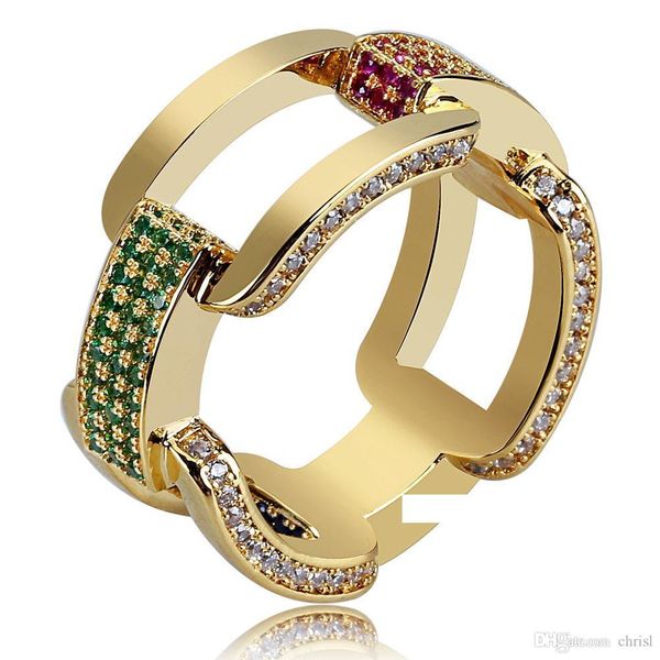 

hip hop rainbow zircon chain ring gold silver color plated micro pave cz rings women & men gold ring for love, gift, Golden;silver