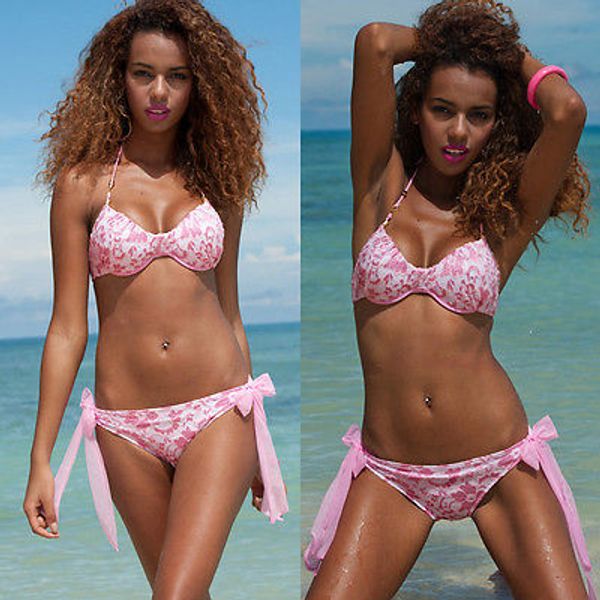 

2017 women's swimwear print bikinis set push-up padded bra swimsuit bandage bathing suit bather women beachwear belt