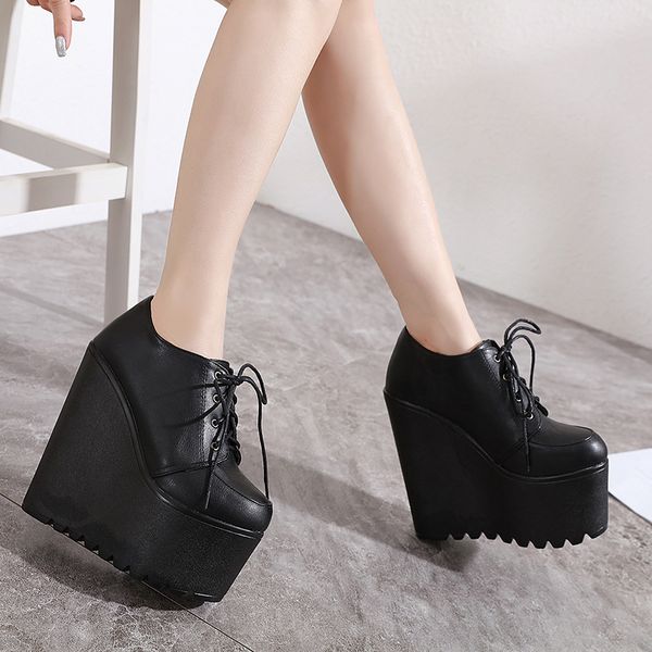 

2020 wedges ankle boots white black rubber sole shoes platform boots women lacing autumn platform heels shoes heel 16 cm