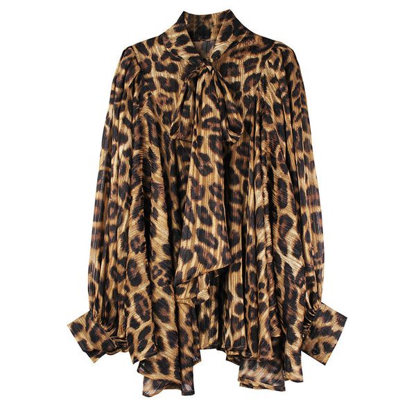 

lanmrem lace-up half-high collar puff sleeve leopard shirt women vintage loose big size chiffon 2020 new spring pc726, White
