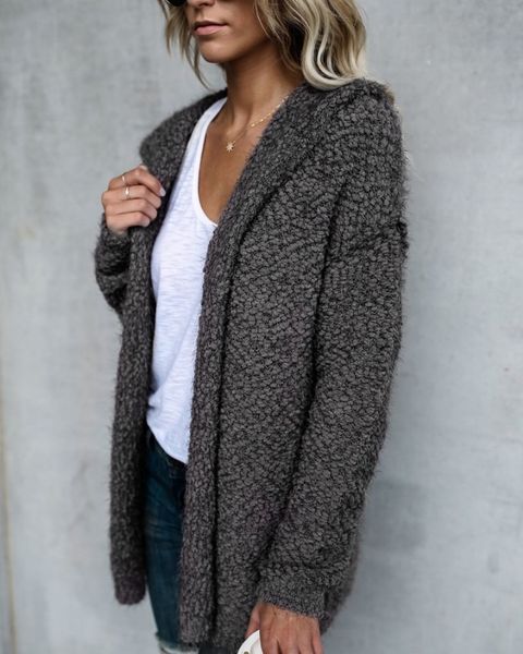 

women autumn stylish concise all-match solid color loose keep warm hooed long style coat, Black