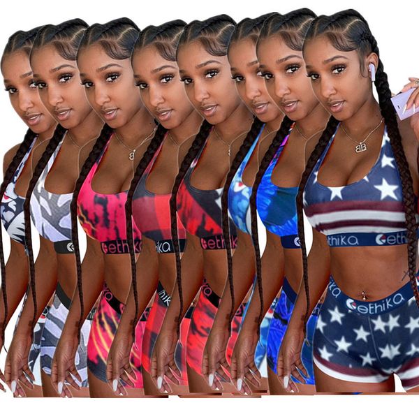 

women ethika designer swimwear sleeveless crop vest + shorts 2 piece set shark print swimsuit summer bodycon sports suit s-xl ins, Blue