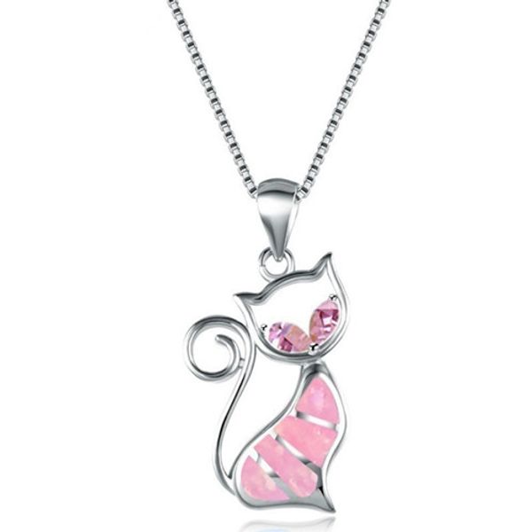 

wholesale 10 pcs silver plated lovely cat shape pendant many colors opalite opal necklace animal jewelry
