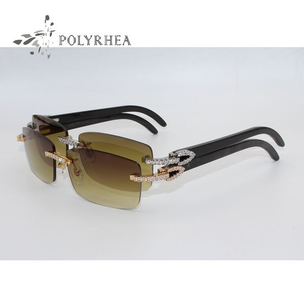 

luxury sunglasses brand designer men/women brown decorative large diamond rimless black buffalo horn glasses with case box, White;black