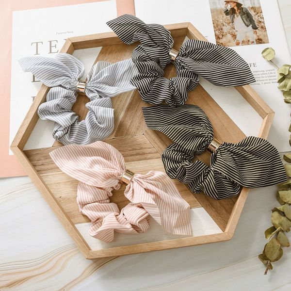 

1pcs rabbit ear hair scrunchies for women elastic gum hair rope striped rubber band for girls metal ring ties, Silver