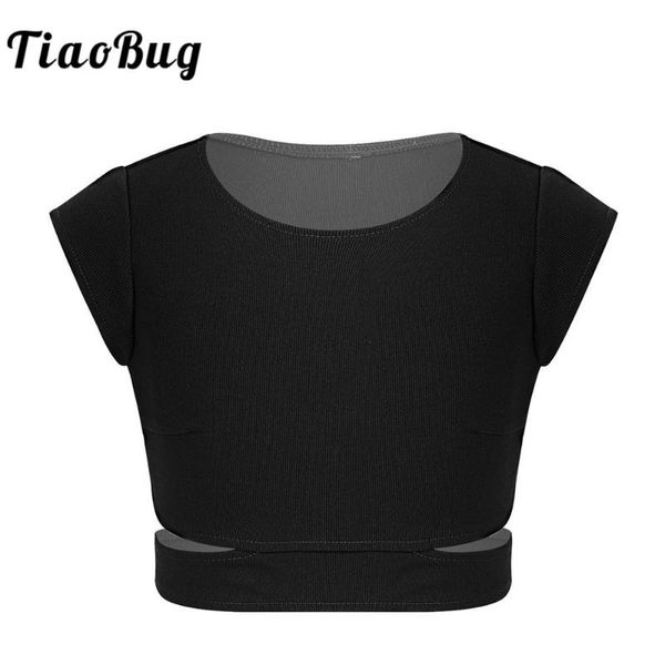 

stage wear tiaobug kids cap sleeves stretchy cutout waist bra crop workout dancewear girls ballet gymnastics performance costume, Black;red