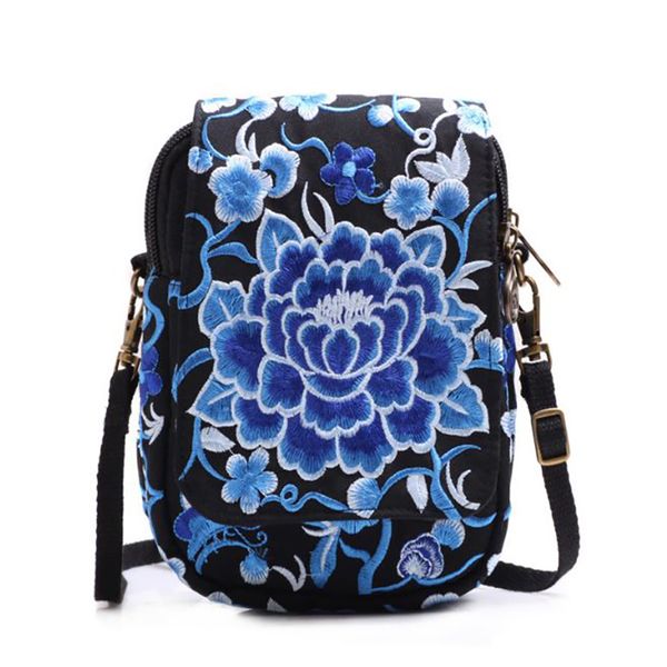

female flower peony embroidery crossbody bags new lady national style flip mobile phone handbag women's change messenger bags
