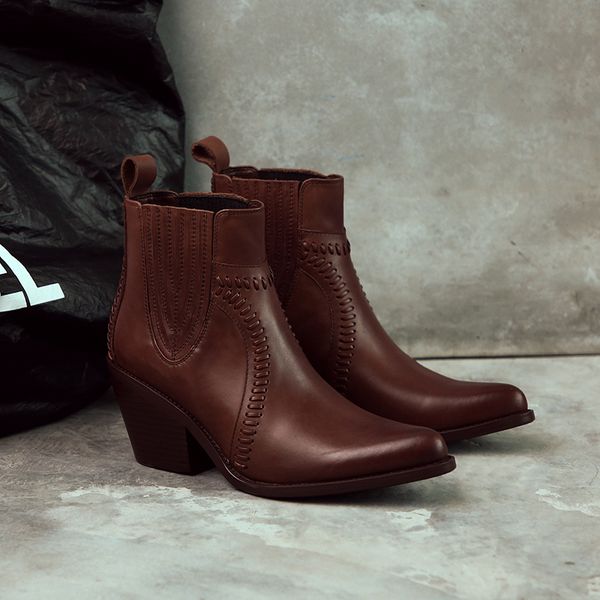 

women's genuine leather med heel ankle boots retro vintage short booties female comfortable warm boots shoes women, Black