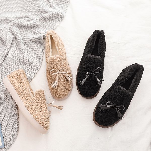 

korean shoes shallow mouth round toe all-match casual female sneakers loafers fur shose women women's moccasins 2019 new winter, Black