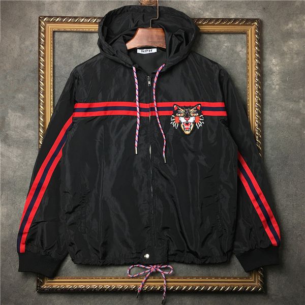 

2019 spring autumn new kitten embroidery jackets hooded windbreaker mens womens designer jacket striped fashion coat zipper size s-2xl, Black;brown