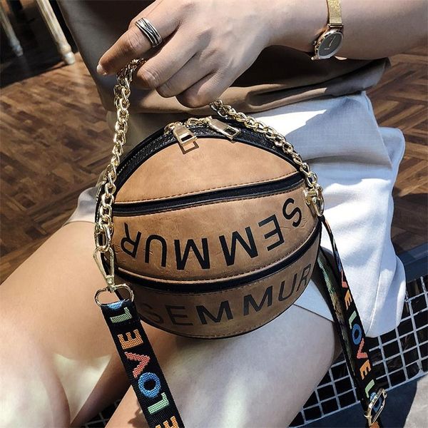 

fashion basketball women shoulder bags round chains ladies handbags pu leather crossbody bag letter female purse