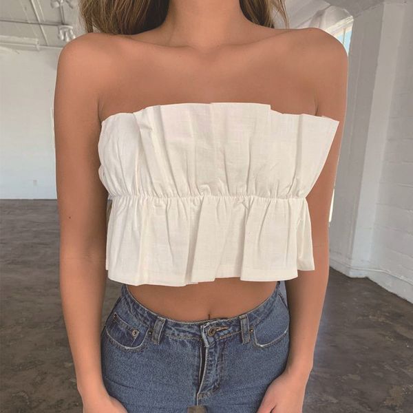 

summer womens designer tshirt fashionable ruched solid strapless short tshirt new style womens designer clothes, White