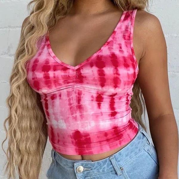 

summer colorful dye print v-neck slim tank women fashion casual vest sleeveless basic backless top, White