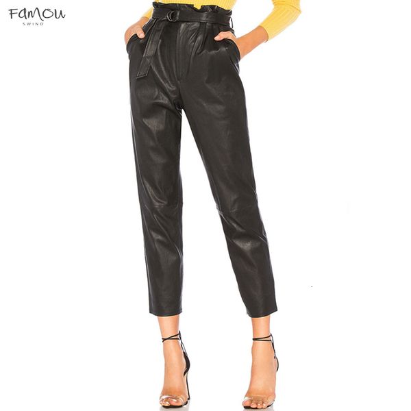 

Women High Waist Pu Leather Pants Ladies Trousers Office Lady Pants Women Ankle-Length Pencil Leggings Trousers With Sashes
