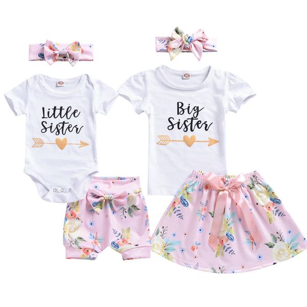 

fashion 3pcs baby girls short sleeve little sister romper +shorts +headband 3pcs outfits set, White