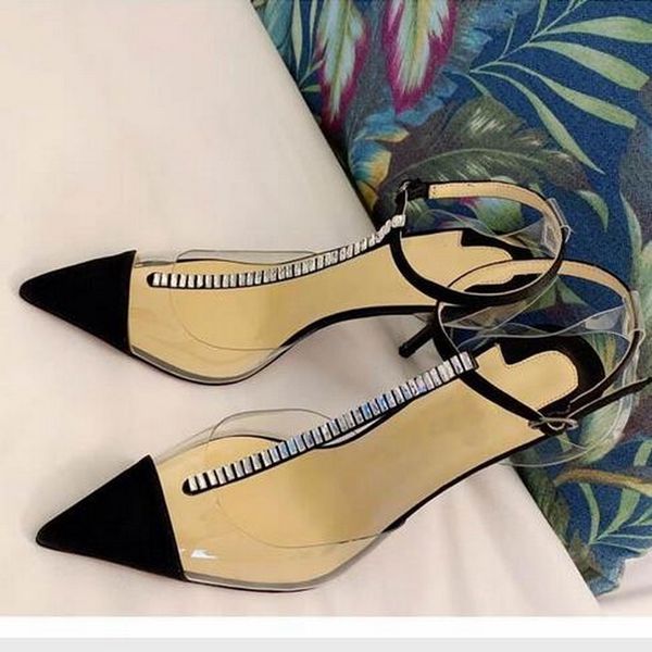 Genuine Leather Red Bottom High Heels Crystals T Strap Clear Slingback