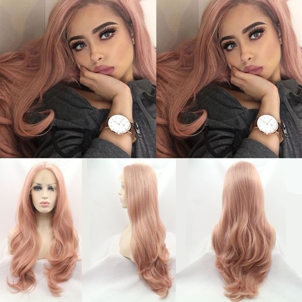 

fashion orange pink lace wig mixed color glueless long natural wavy middle part synthetic lace front wigs half hand tied heat resistant, Black;brown