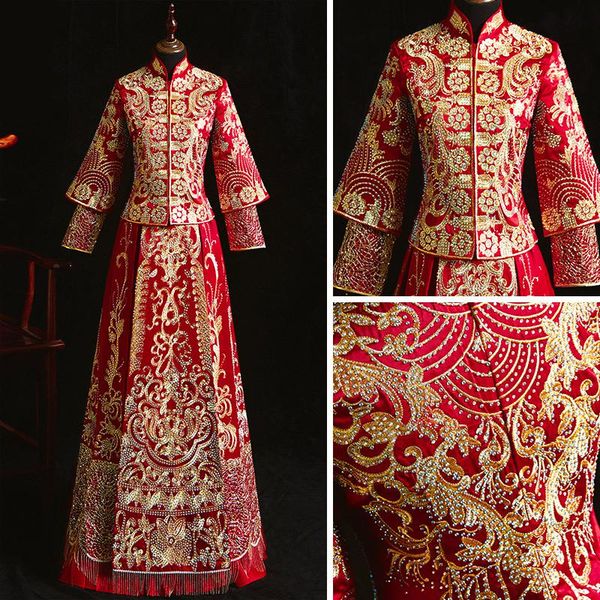 

floral vestidos rhinestone elegant cheongsam royal toast clothing costume classic button qipao embroidery women evening dress, Red