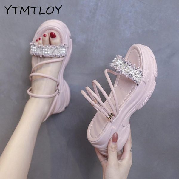 

platform rhinestone slippers women gemstone slides women shoes wedge slippers string bead beach slides shoes, Black