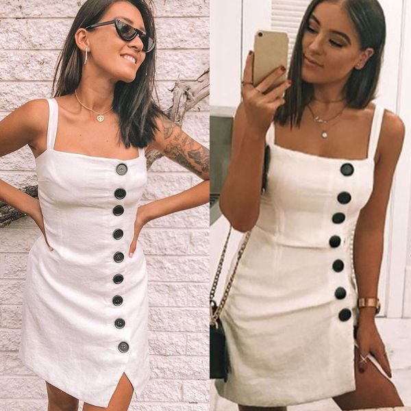

2019 fashion women solid dress casual party mini dress sleeveless button shirt dresses summer elegant women's bodycon, Black;gray