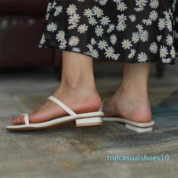 

annymoli slippers natural genuine leather low heels woman shoes square toe slides button block heel female sandals white size 40 t10, Black