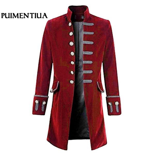 

puimentiua 2019 spring men self-cultivation velvet opening goth steampunk solid frock suit jacket stand collar long sleeve tuxdo, White;black