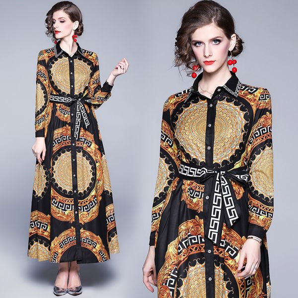 

vintage baroque print maxi dress long sleeve women spring autumn winter runway casual party prom plus size ladies runway luxury dresses, Black;gray