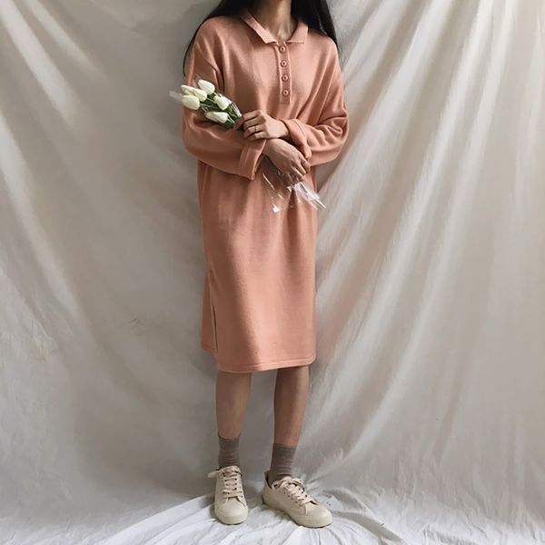 

long korean style solid sweater acrylic fibers fashion women dress, White