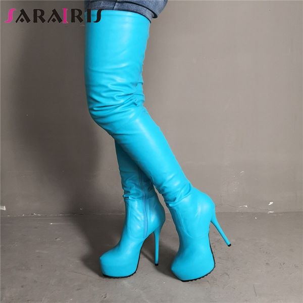 

sarairis brand design big size 35-47 platform women shoes woman party blue boots high heels nightclub over the knee boots, Black