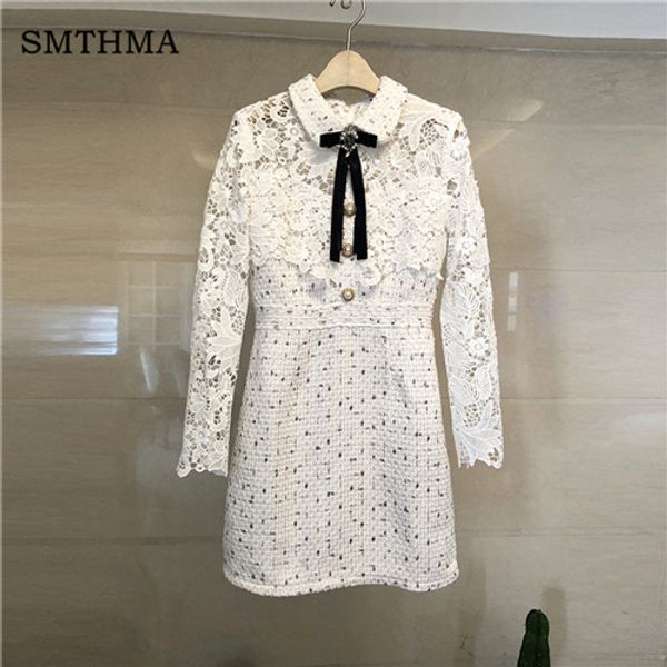 

luxury designer white tweed dress women lace patchwork bow diamond party dresses female vestidos, Black;gray