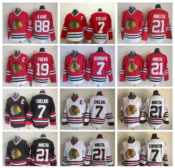 

chicago blackhawks 88 patrick kane jersey vintage hockey 19 jonathan toews 7 brent seabrook 21 stan mikita home red white black, Black;red