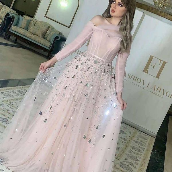 

middle east women a-line long tulle prom dresses rhinestone obe de soiree floor length one shoulder evening gowns vestido de festa, Black