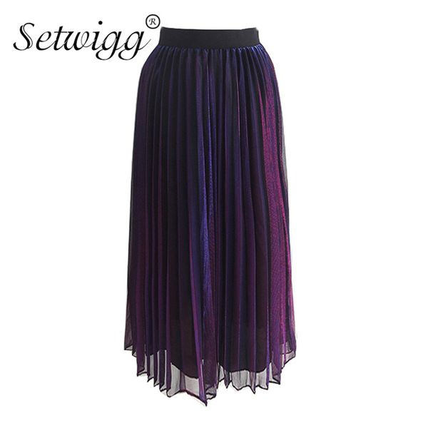 

metallic gradient purple a-line gauze pleated long skirts elastic waist golden changeable color mesh mid-calf pleated skirts, Black