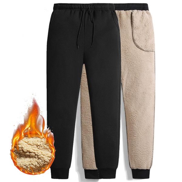 

sporty men solid color waist drawstring fleece lined ankle tied plus size pants, Black